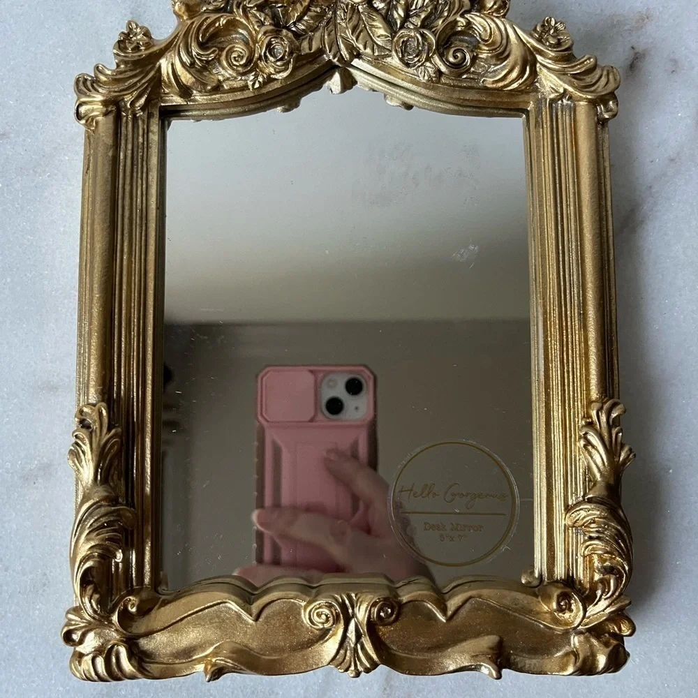 Ornate gold floral table top mirror 6”x9”